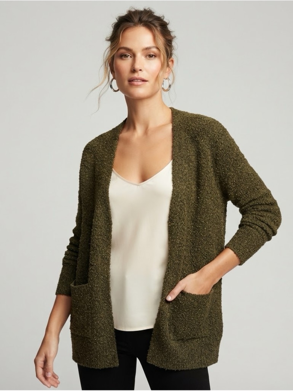 BP. Olive Green Open Front Knit Cardigan Sweater with Pockets Medium